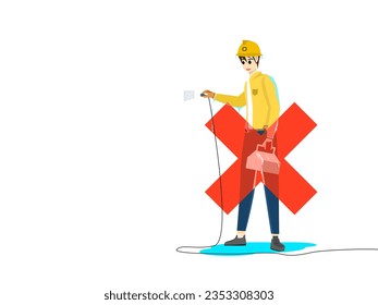 electrician man wet body Using his hand to plug in the power socket with a red cross that conveys what is forbidden to do. Do not plug in the power while the body is wet. Vector illustration cartoon