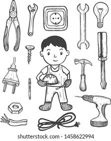 An electrician. Man at work. A set of tools. Vector graphics. Hand drawing