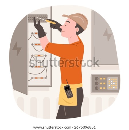Electrician Man Worker Repairing Electrical Circuit Board for Electricity Maintenance Work Service and Industrial Occupation Concept Illustration