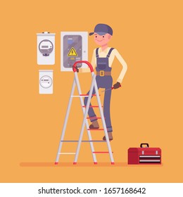 Electrician man, working to install, maintain electrical equipment. Male handsome worker providing electrical services, home, office inspections of wire system. Vector flat style cartoon illustration