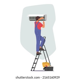 Electrician Master Repair Broken Conditioner. Handyman Service, Male Character Fixing Home or Office Cooling System. Husband for an Hour Fix Broken Technics Concept. Cartoon People Vector Illustration