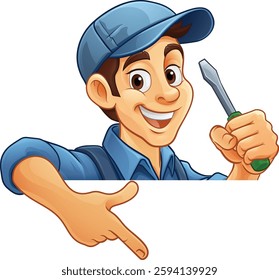 An electrician or mechanic handyman cartoon mascot man holding a screwdriver, peeking around a sign and pointing at it