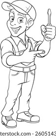 An electrician or mechanic handyman cartoon mascot man holding a screwdriver and pointing 
