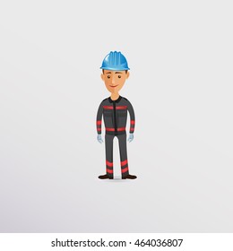 Electrician, millwright, adjuster.
Funny cartoon handyman with safety hat. Handyman wearing work clothes. Funny cartoon builder in blue helmet. Occupational Safety and Health. Prevention of accidents.