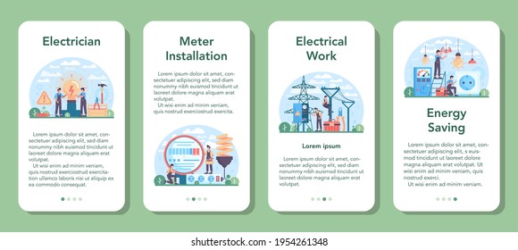 Juego de banners para aplicaciones móviles de electricidad. Trabajador del servicio de electricidad