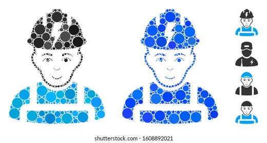 Electrician mosaic of small circles in variable sizes and color hues, based on electrician icon. Vector small circles are composed into blue illustration.