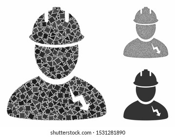 Electrician mosaic of trembly pieces in variable sizes and color tints, based on electrician icon. Vector raggy pieces are composed into collage. Electrician icons collage with dotted pattern.