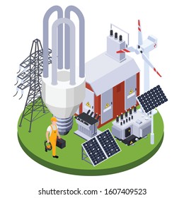 Electrician Near Electricity Substation With Solar Panels And Wind Generator 3d Isometric Vector Illustration