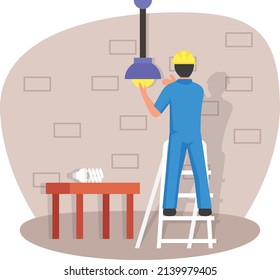 Electrician on a ladder changing a light bulb Concept, Install Lamp Fixtures On High vector icon design, Electrician Profession symbol, Power Supply and wiring Sign, handyman and Repairman tools stock