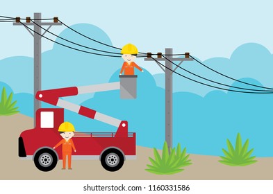 electrician on picker car crane and working with electricity post.