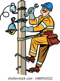 electrician on the power pole. Pop art retro vector illustration drawing