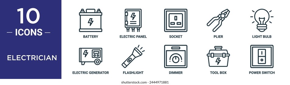 electrician outline icon set includes thin line battery, electric panel, socket, plier, light bulb, electric generator, flashlight icons for report, presentation, diagram, web design