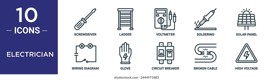 electrician outline icon set includes thin line screwdriver, ladder, voltmeter, soldering, solar panel, wiring diagram, glove icons for report, presentation, diagram, web design