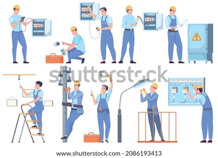 Electrician people flat set of technicians working with electric switchboard and street lighting devices isolated vector illustration