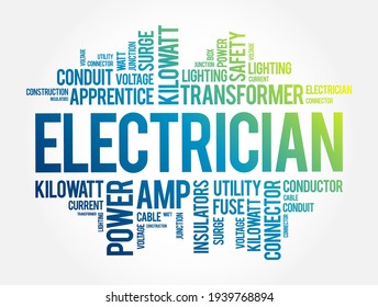 Electrician - a person who installs, maintains, and repairs electrical systems and wiring in buildings, machines, or other structures, word cloud concept background