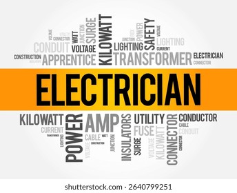 Electrician - a person who installs, maintains, and repairs electrical systems and wiring in buildings, machines, or other structures, word cloud concept background