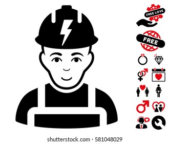 Electrician pictograph with bonus amour symbols. Vector illustration style is flat iconic intensive red and black symbols on white background.