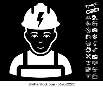 Electrician pictograph with bonus drone tools graphic icons. Vector illustration style is flat iconic white symbols on black background.