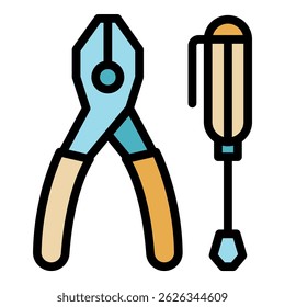 Electrician pliers screwdriver icon. Outline electrician pliers screwdriver vector icon color flat isolated