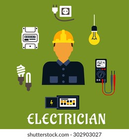 Electrician profession flat design with man in yellow hard helmet and coveralls encircled by energy saving and light bulbs, plug and socket, electricity meter, circuit breaker, multimeter