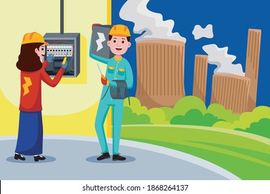 Electrician Profession with vector illlustration. Flat design with cartoon characters.