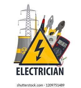 Electrician professional equipment and tools, vector nuclear power plant, ammeter, multimeter and light bulb lamp with plug socket, electric wire and cables, power line