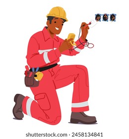 Electrician in Red Jumpsuit, Hard Hat And Tool Belt Working With Electrical Components And Wires, Performing Installation Or Maintenance Tasks Related To Electrical Systems On A Construction Site