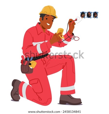 Electrician in Red Jumpsuit, Hard Hat And Tool Belt Working With Electrical Components And Wires, Performing Installation Or Maintenance Tasks Related To Electrical Systems On A Construction Site