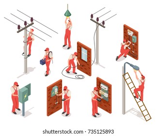 Electrician in red uniform works with wires, electrical appliance and transformer isolated cartoon isometric vector illustrations set on white background.