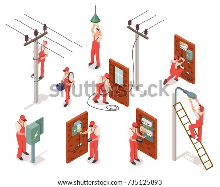 Electrician in red uniform works with wires, electrical appliance and transformer isolated cartoon isometric vector illustrations set on white background.