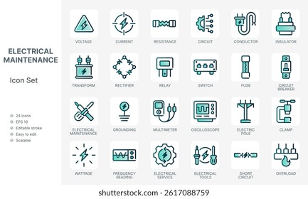 Electrician repair and maintenance icon set with green energy design