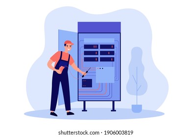 Electrician Repairing Electric Box. Repairman Using Breaker At Open Panel With Circuit In Cabinet. Vector Illustration For Electric Service Work, Wiring Maintenance, Technician Job Concept