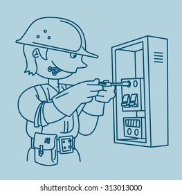Electrician repairing an electrical panel with screwdriver in linear style