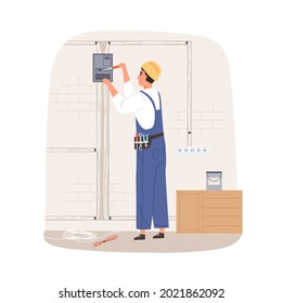 Electrician Repairing And Installing Electrical Wiring System. Workman Fixing Wires And Cables With Tools. Handyman Working With Electricity. Flat Vector Illustration Isolated On White Background