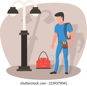 Electrician repairing light bulbs in street Concept, Street Light Maintenance vector icon design, Electrician Profession symbol, Power Supply and wiring Sign, handyman and Repairman tools stock