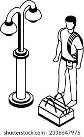 Electrician repairing light bulbs in street isometric Concept, Street Light Maintenance vector icon design, Electrical engineer symbol, Wiring specialist Sign, maintenance technician tools stock