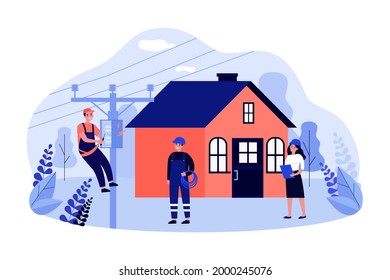 Electrician repairing power box on electric pole near house. Team of professional technicians flat vector illustration. Electricity maintenance, repair service concept for banner, website design