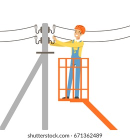 Electrician repairing wire of the power line with bucket hydraulic lifting platform, electric man performing electrical works vector Illustration