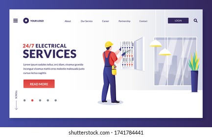 Electrician Repairs Electricity Or Installs Fuse. Engineer Makes House Repair Works. Vector Flat Cartoon Worker Character Illustration. Home Repair, Maintenance And Electric Works Services Concept