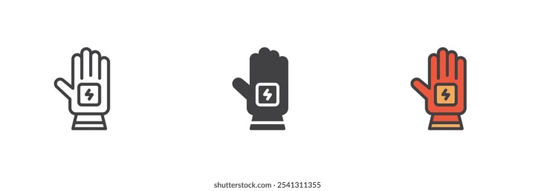 Guantes de seguridad de electricista conjunto de iconos de estilo diferente. Línea, glifo y contorno relleno versión colorida, contorno y signo de Vector relleno. Símbolo, ilustración del logotipo. Gráficos de Vector