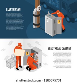 Electrician service 2 isometric horizontal banners with information on switch cabinet panel control and replacing vector illustration 