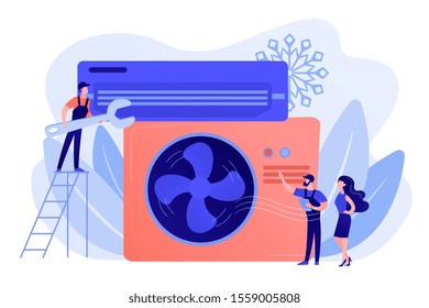 Electrician service. Air conditioning and refrigeration services, installation and repair of air conditioners, hire best technicians concept. Pinkish coral bluevector isolated illustration