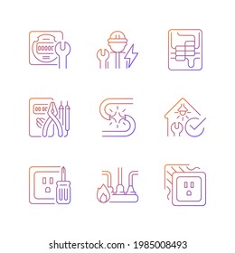 Electrician service gradient linear vector icons set. Electrical meter repair. Circuit breaker panel. Screwdrivers. Thin line contour symbols bundle. Isolated vector outline illustrations collection