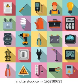 Electrician service icons set. Flat set of electrician service vector icons for web design