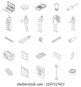 Electrician service icons set. Isometric set of electrician service vector icons outline thin lne isolated on white