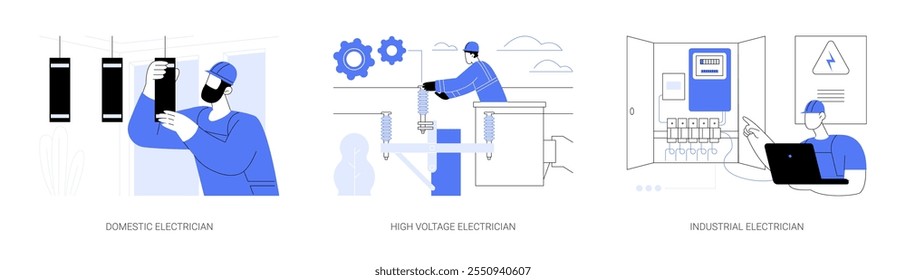 Electrician service isolated cartoon vector illustrations set. Domestic electrician installs lamp at home, high voltage professional repairing power line, fixing industrial equipment vector cartoon.