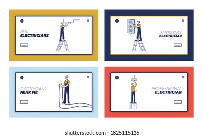 Electrician service. Landing pages set for repairman and maintenance company website with cartoon engineers working electric devices and cables. Vector illustration