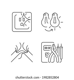 Electrician service linear icons set. Sparking outlet. Changing lightbulb. Frayed, tattered cord. Customizable thin line contour symbols. Isolated vector outline illustrations. Editable stroke