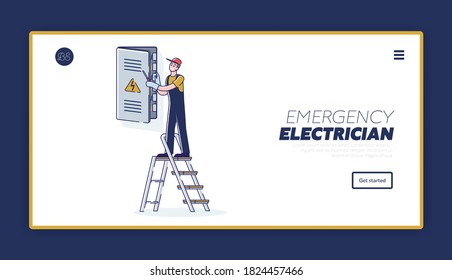 Página de aterrizaje del sitio web de servicio eléctrico con ingeniero trabaja con gabinete de panel de servicio eléctrico. Técnico de caricatura en el trabajo. Concepto de mantenimiento y reparación. Ilustración vectorial lineal