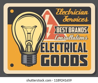 Afiche retro de servicios eléctricos y productos eléctricos, bombilla y letrero de electricidad. Trabajos de cableado y ajuste de la luz. Tienda con accesorios eléctricos y consultas. Señal de vectores